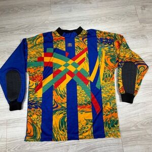 Vintage Umbro 90s Goalkeeper Jersey XL Blue Multicolor Abstract Padded USA Made